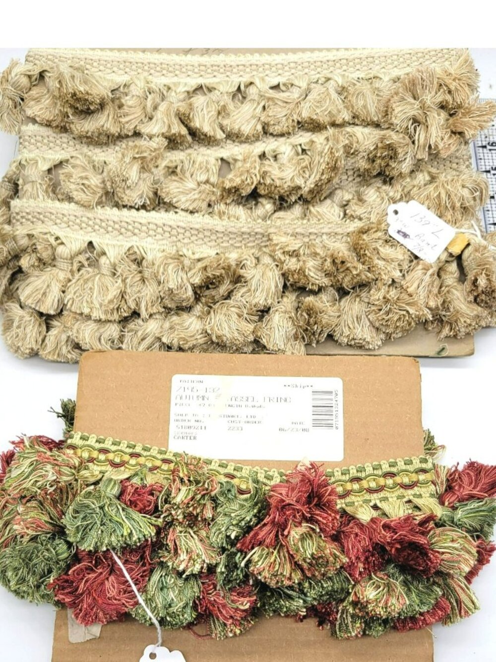 Lot Vintage Passementerie Fringe Trim 3" Wide Champagne 139" & Red and Green 56"